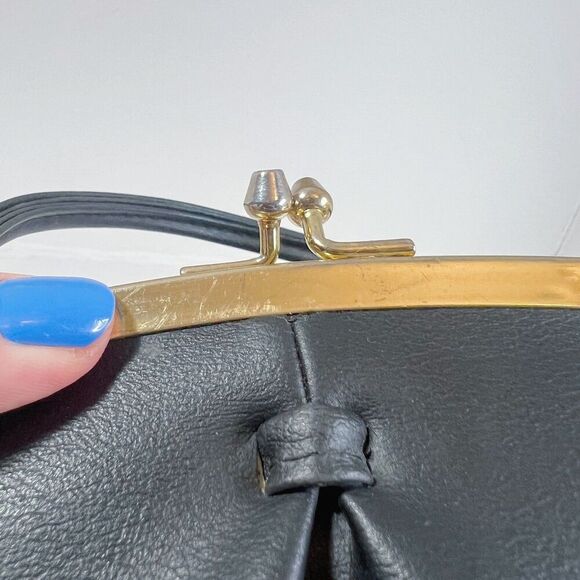 Vintage Black Leather Evening Bag Kisslock Frame Purse - Picture 7 of 7